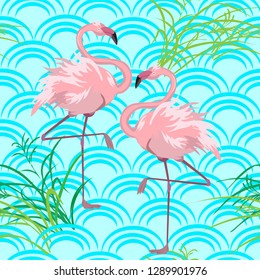 Two pink flamingos on a blue background growing grass around. Seamless pattern.