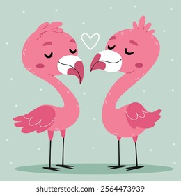 Two pink flamingos on a turquoise background. Valentine's Day.