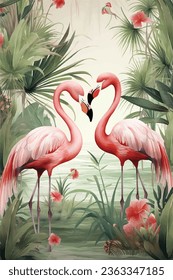 two pink flamingos standing in a lush jungle with green leaves and flowers surrounding them