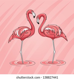 Two pink flamingos standing in water on abstract background with lines.