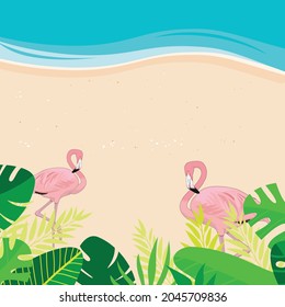 Two pink flemingos by the sea beach with green leaves and blue sea in summer scenery