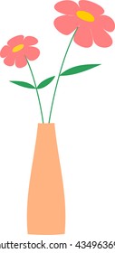 Two pink flowers in orange vase in flat design.