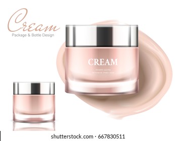 two pink glass jars and cream elements, for cosmetic package design use, isolated white background 3d illustration