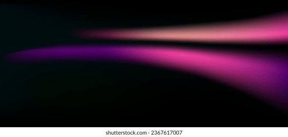 Two pink glowing stripes in black sky. Luminous objects, Beautiful light flashes. Glowing stripes on dark background. Vector Design for banner, poster. Copy space Abstract Holographic colour print.