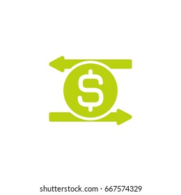 Two pink green opposite arrows with dollar sign in green circle. Flat icon. Isolated on white. Currency exchange icon. Good for web and software interfaces. Vector illustration. Money Turnover icon.