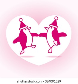 Two Pink Happy Santa Penguins Dancing with White Heart on Pale Pink Background