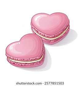 Two pink heart shaped macarons isolated on a white background. Vector illustration.