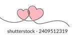 Two pink hearts continuous wavy line art drawing on white background. Happy Valentine