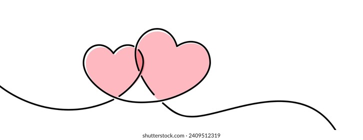 Two pink hearts continuous wavy line art drawing on white background. Happy Valentine's day header or banner or letter template. Vector illustration