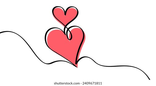 Two pink hearts continuous wavy line art drawing on white background. Happy Valentine's day header or banner or letter template. Vector illustration