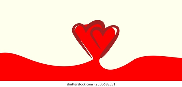 Dibujo ondulado continuo del arte de la línea de dos corazones rosados en el fondo blanco. Feliz día de San Valentín encabezado o Anuncio o Plantilla de la letra. Ilustración vectorial