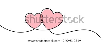 Two pink hearts continuous wavy line art drawing on white background. Happy Valentine's day header or banner or letter template. Vector illustration