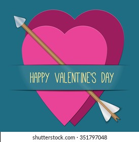 two pink hearts with cupid arrow on cyan background, valentines day illustration with text Happy Valentines Day, valentines vector with blending