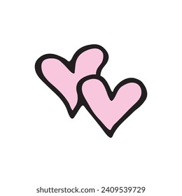 Two pink hearts in doodle style close-up on white background. Hand drawn vector design element, clip art, symbol of love for Valentine's day, romantic design