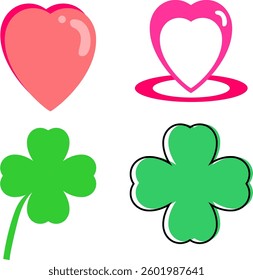 Two pink hearts and two green fourleaf clovers, perfect for Valentines Day and St. Patricks Day designs and projects.