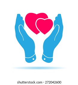 two pink hearts icon in careful hands - vector illustration