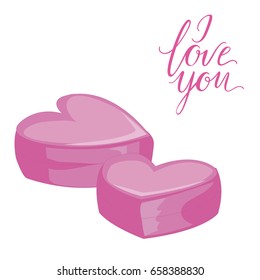 Two pink hearts. Isolated icon on white. Flat style vector illustration. I love you lettering