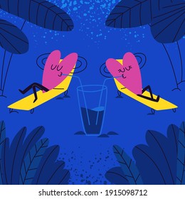 Two pink hearts lie on yellow sun loungers and drink from one glass surrounded by palm trees at night. The heart-shaped characters in love enjoy their vacation together. Vector doodle illustration.