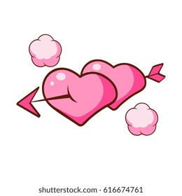 Two pink hearts pierced by an arrow. Colorful cartoon illustration