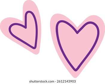 Two pink hearts with purple outlines in a playful cartoon style.