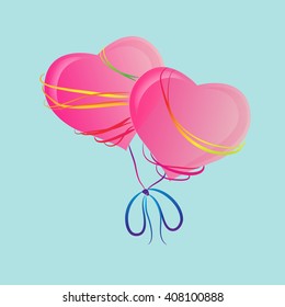 Two pink hearts and rainbow ribbon on Blue Background.