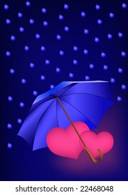 Two pink hearts under umbrella in the rain
