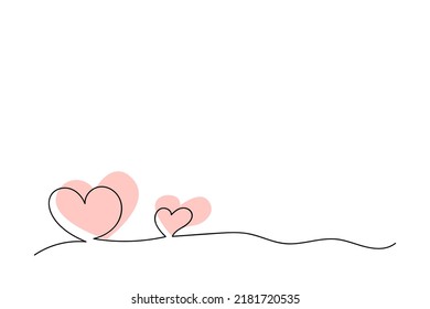 Two pink hearts with watercolor spots. Valentine's day. Continuous line drawing. Holiday card, romantic, wedding design elements. Symbol of love.