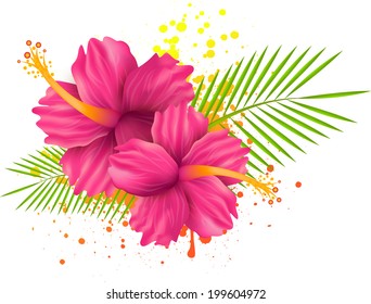 Two pink hibiscus flowers and palm leaves on grunge splattered backround