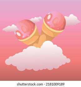 two pink ice creams in waffle cones. poster with ice cream in the clouds on a pink background.