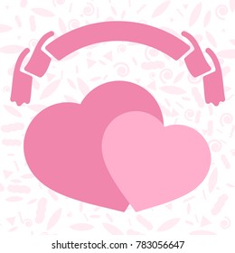 Two pink isolated silhouettes of cute hearts on a pink background. Romantic banner ribbon on top. Simple flat vector illustration. Design for St. Valentine s Day