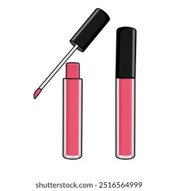 Zwei rosafarbene Liquid Lipstick Tuben, eine offen mit Applikator, mit einem schlanken Design einzeln auf weißem Hintergrund