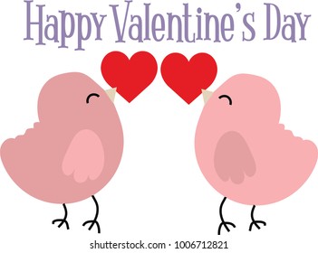 Two pink love birds and hearts with Happy Valentine's Day greeting message, isolated on white. 