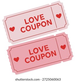 Dois cupons de amor rosa com corações vermelhos e bordas em um fundo branco, perfeito para o Dia dos Namorados ou gestos românticos, com um design lúdico e afetuoso