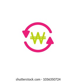 Two pink magenta round arrows with green korean won. Flat icon. Isolated on white. Currency exchange icon. Good for web and software interfaces. Vector illustration. Money Turnover icon. 