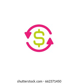 Two pink magenta round arrows with green dollar. Flat icon. Isolated on white. Currency exchange icon. Good for web and software interfaces. Vector illustration. Money Turnover icon. 