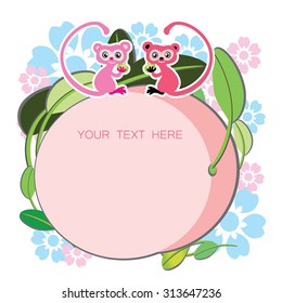 Two pink monkey sitting on giant peach - cute card. Vector illustration of couple happy monkey. Peach as frame for text. Flat. For chinese new year, wedding, greeting.