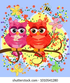 Two pink, moth-owl-girls sit on a rainbow under a pink umbrella. The inscription I love you. Concept of homosexual female love, postcard
