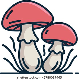 Two pink mushrooms growing in grass with black outline on white background