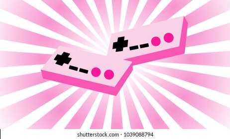 Two pink old retro antique vintage hipster joysticks manipulating consoles from the 80's, 90's for a game console for video games on a background of pink beams. Vector illustration