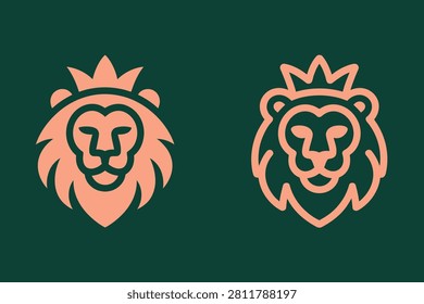 Two pink outlined lion heads wearing crowns on dark green background