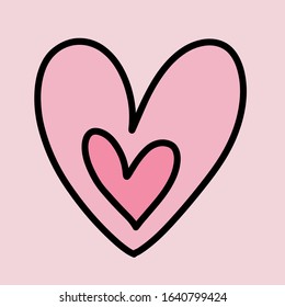 Two pink pastel hears one inside other hand drawn vector illustration logo soft