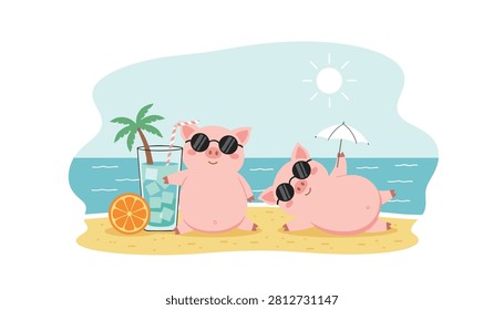 Two pink pigs enjoying a sunny beach day with sunglasses palm tree slice of orange and a large glass of lemonade under the bright sun.
