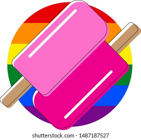 Two pink popsicles on LGBT flag circle background. T-shirt or clothes print. LGBT lesbian icon. 