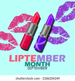 Two pink and purple lipsticks with a kiss and bold text on light blue background, Liptember on September