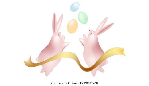 Two pink rabbits and eggs of blue, green and yellow, gold ribbon. Vector illustration.