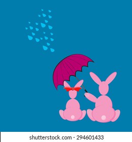Two pink rabbits under the umbrella. Rainy weather. A boy taking care of his girlfriend.