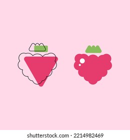Dos frambuesas rosas sobre un fondo rosado. Iconos de esquema alimentario