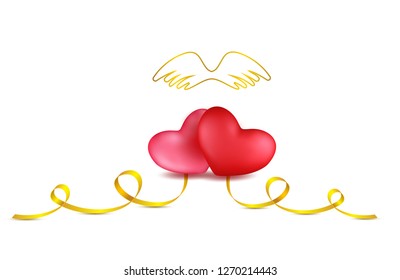 Two pink and red hearts with golden ribbon and angel wings isolated on white background. Mother day or Valentine's Day greeting card with hearts. Template design for sale banners, posters, wedding