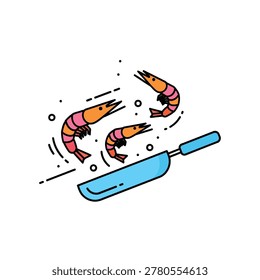 Two pink shrimp jumping over a blue spatula with motion lines Vector