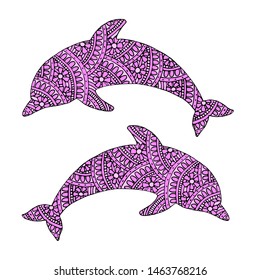 Two pink silhouettes of dolphins with patterns. Vector illustration with isolated background.